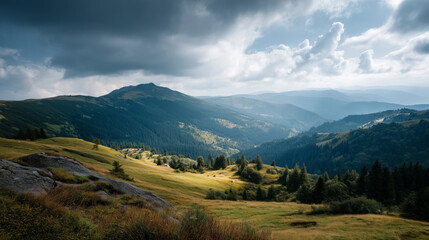 Majestic landscape view of Carpathian Mountains under dramatic cloudy sky