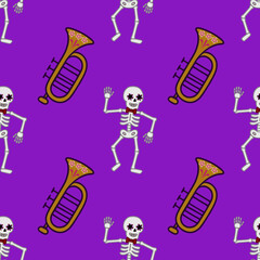 Festive Day of the Dead vector seamless pattern featuring dancing skeletons with floral eye makeup and golden trumpets, perfect for vibrant Halloween or Dia de Muertos designs.