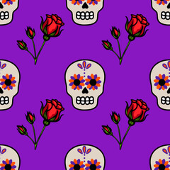 Seamless vector pattern featuring vibrant Day of the Dead sugar skulls adorned with orange and purple flowers, accompanied by stylized red roses on a rich purple background.