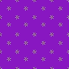 Seamless vector pattern of stylized purple flowers with yellow centers, arranged in a regular grid on a vibrant purple background, offering a minimalist yet charming design.