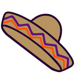 A vector illustration of a stylish sombrero hat with a zig-zag pattern in purple and orange hues on a beige background, suitable for festive designs.