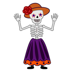 Vector illustration of a cheerful Calavera Catrina skeleton wearing a purple skirt, orange hat and floral eye decorations, perfect for Dia de los Muertos celebrations.