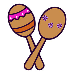 A vibrant vector illustration of two crossed maracas, one adorned with pink and orange stripes, the other with purple flowers, showcasing a playful and festive design ideal for Day of the Dead cele...