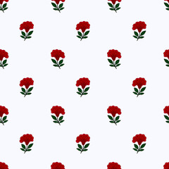 Seamless vector pattern with stylized red flowers cresta de gallo and green leaves on a white background, ideal for textile design or wrapping paper.