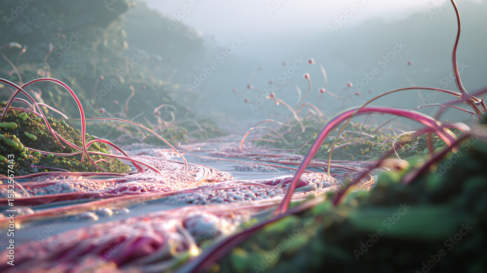 Aufkleber A bioengineer constructs an intricate landscape of artificial biotissue. Colorful strands and textures blend into a surreal environment, highlighting advanced techniques in bioengineering.