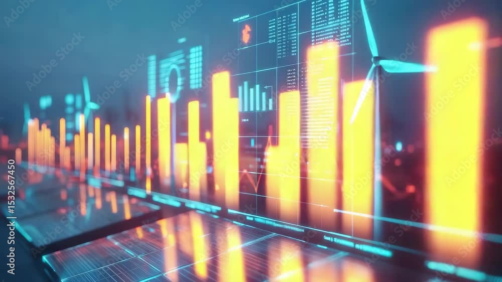 Poster Futuristic dashboard displays wind turbines and graphs, representing clean energy data and analytics in a digital environment.