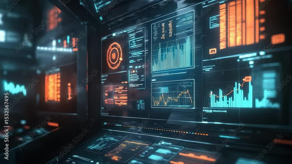 Poster A futuristic control room with multiple digital screens displaying data analytics, graphs, and system interfaces in a high-tech setting.