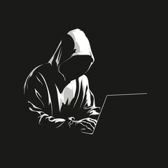 vector silhouette of a hacker at a laptop .Generative AI