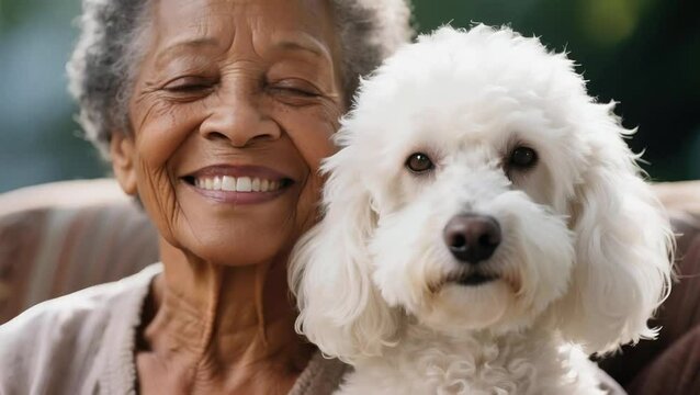 Anciana afroamericana y su perro poodle