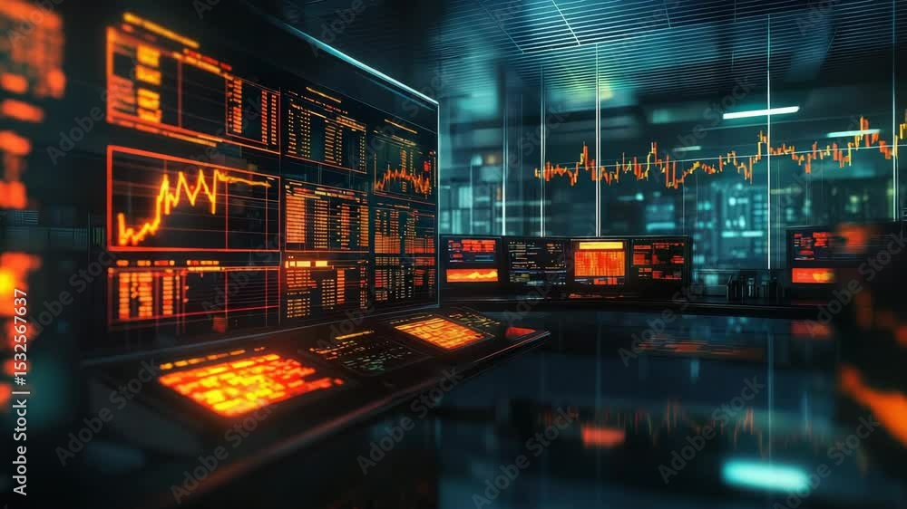Poster multiple monitors display financial data, charts, and graphs in a modern, high-tech trading room env