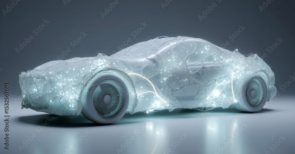 Poster a bioprinter is utilized to develop artificial biotissue, resembling a futuristic car design.