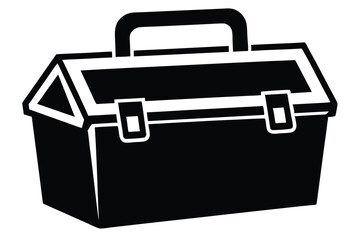 Black and White Graphic Illustration of a Classic Toolbox with Handle and Latches