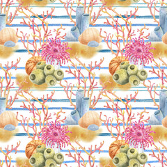 Watercolor seamless pattern with coral reef and sea anemones on sea stripes. Marine striped pattern, summer design. Ideal for summer textiles, wallpapers and beach themes.