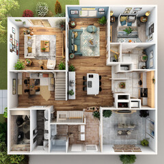 An Aerial view of modern house layout featuring multiple rooms, including living room, kitchen, and dining area, surrounded by greenery, creating cozy atmosphere