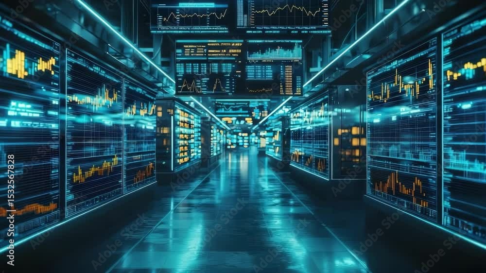 Poster A futuristic data center hallway lined with digital screens displaying colorful financial charts and analytics in neon lighting.