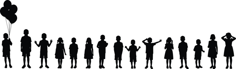 Silhouette of children standing and playing, boys and girls group, vector illustration, happy kids, childhood moment
