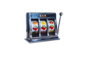 Classic Slot Machine with Fruit Symbols Three Reels Transparent Background