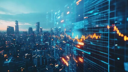 A futuristic city skyline blends with digital financial data, showcasing technology and stock market trends. - Powered by Adobe