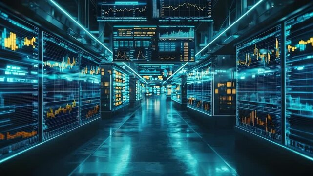 A futuristic data center hallway lined with digital screens displaying colorful financial charts and analytics in neon lighting.
