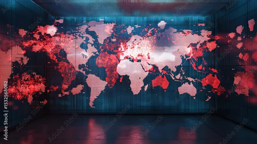 Poster a glowing digital world map with highlighted red regions is displayed on a futuristic wall in a dark