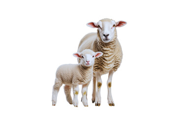 Adult ewe and her lamb standing together against a transparent background A charming image of domestic sheep
