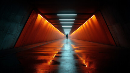Man walking through a neon-lit futuristic tunnel with glowing reflections