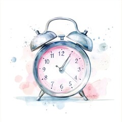 Vintage-style alarm clock illustration with pink face and watercolor effect background
