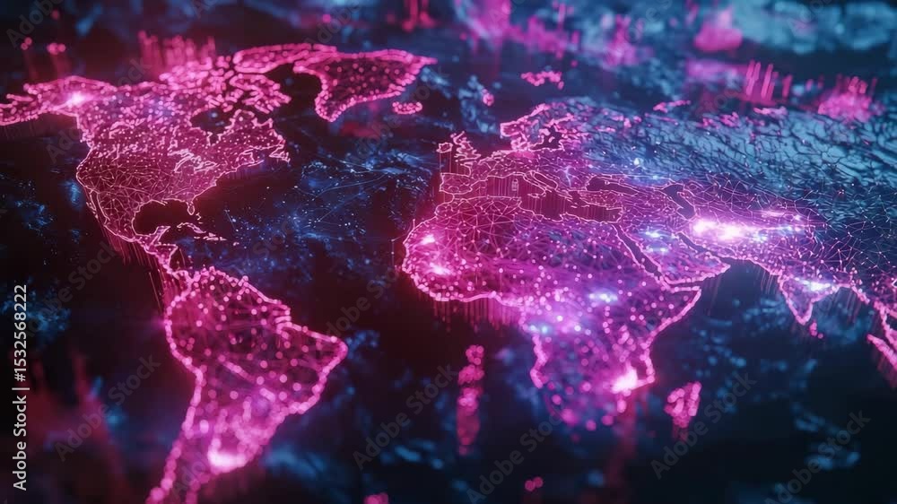 Poster A glowing digital world map with neon pink network lines and bright data points connecting continents.