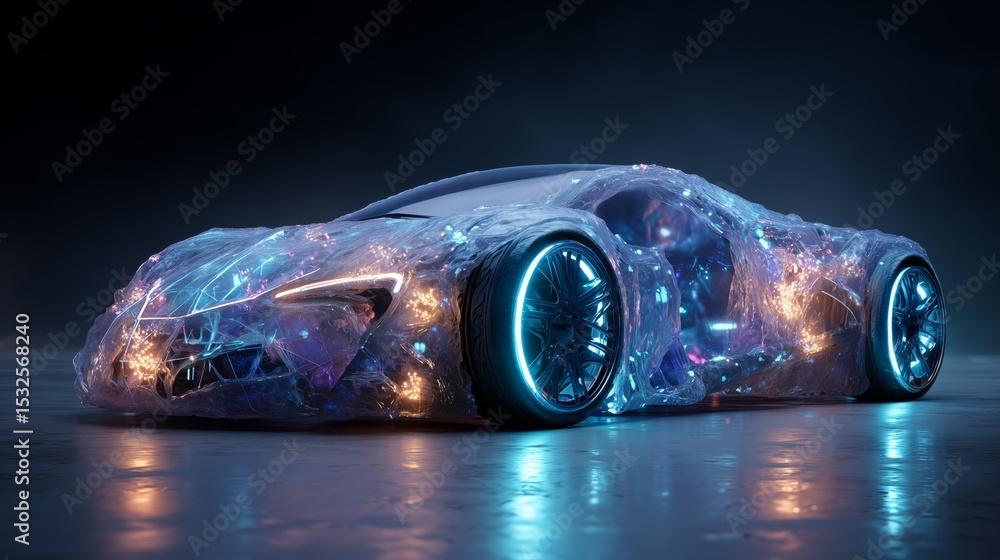 Poster a futuristic vehicle designed with bioengineered materials showcases glowing biotissue that enhances