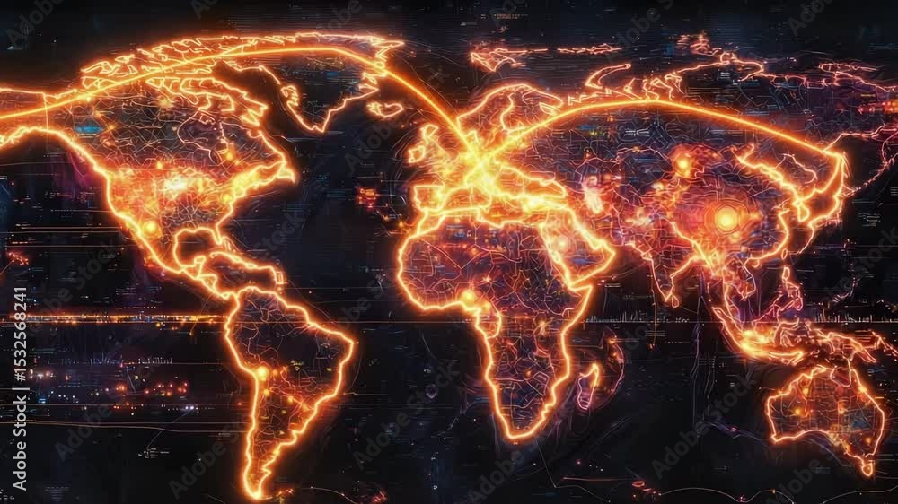 Poster a glowing digital world map displays illuminated population or data hotspots across continents on a 