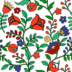 Seamless pattern of abstract fantasy flowers in folk style. Vector illustration in doodle style