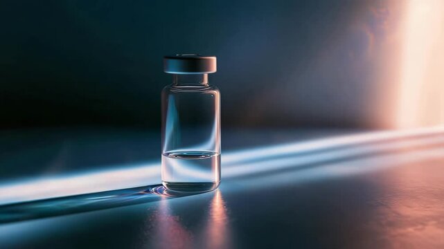 A clear glass vial with a metal cap contains a small amount of liquid, illuminated by soft, colorful light on a smooth surface.