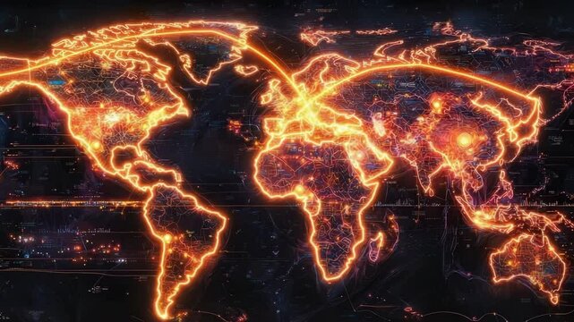 A glowing digital world map displays illuminated population or data hotspots across continents on a dark background.