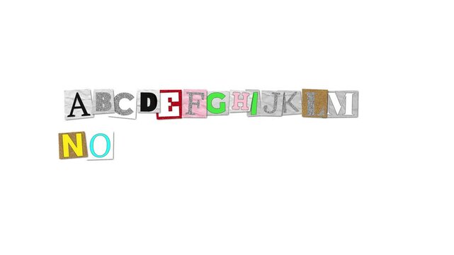 ABCDEFGHIJKLM NOPQ large text created with individual cut out letters of varying backgrounds and sizes pasted onto a white background