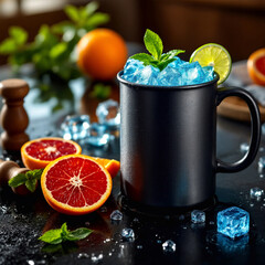 Mug with citrus slices and mint on bar counter