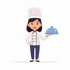 Flat vector of a cheerful chef character in white uniform and hat holding a serving tray, symbolizing cooking, hospitality, and culinary arts