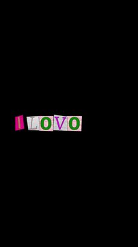 ILOVEYOU large text created with randomly rotating cut out letters of varying backgrounds and sizes pasted onto a BLACK  background in Vertical Layout