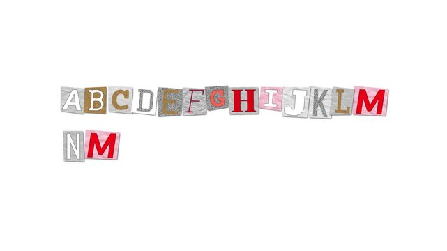 ABCDEFGHIJKLM N large text created with randomly rotating cut out letters of varying backgrounds and sizes pasted onto a BLACK  background in Vertical Layout
