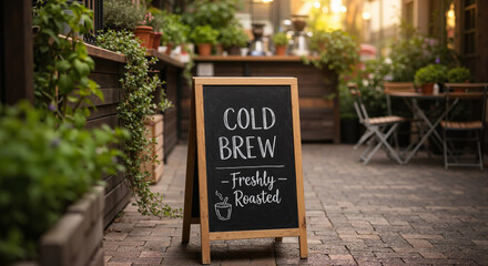 Gourmet outdoor caf&eacute; scene with chalkboard beverage sign reading Cold Brew &ndash; Freshly Roasted, trailing vines and potted herbs in warm golden-hour glow, lifestyle coffee culture