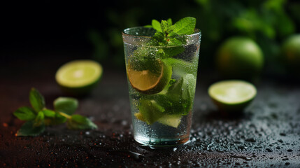Refreshing mojito with mint leaves and lime on a textured surface