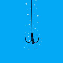 Vector illustration of fishing hook in the water on blue sea background with water bubbles. Concept of fish trap in the sea.