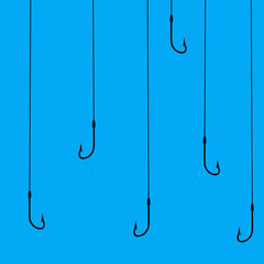 Vector illustration of a collection of fishing hooks of different sizes inserted into the water. Fish trap in the blue sea.