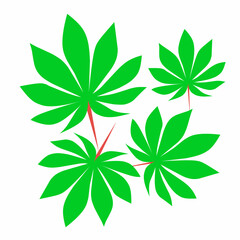 Vector illustration of green cassava leaves collection with stalks isolated on white background.