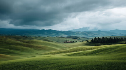 Rolling green hills under a dramatic cloudy and stormy sky setting