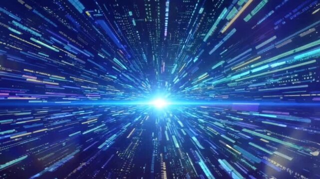 Futuristic animated space tunnel moving at warp speed, filled with glowing blue and purple lights as stars streak through the cosmic void. abstract blue background with rays
