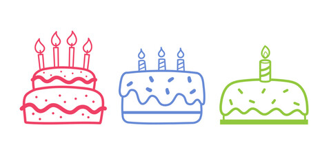Colorful Birthday Cake Set Line Art. Vector design elements.