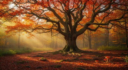 Fototapeta premium Autumnal forest scene with majestic tree