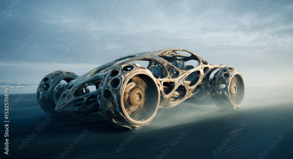 Poster a bioengineer presents a futuristic vehicle crafted from artificial biotissue. the design emphasizes