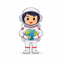 Flat vector of a young astronaut character in full space suit holding small planet, space exploration, kids, science, futuristic, space suit, education, adventure, learning