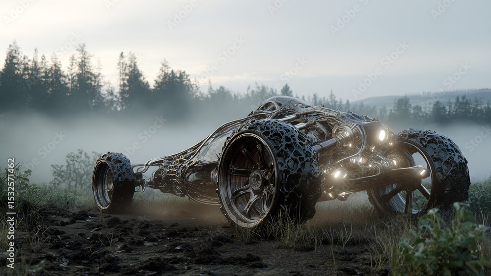 Poster A bioengineered vehicle crafted from artificial biotissue is displayed in a foggy forest.